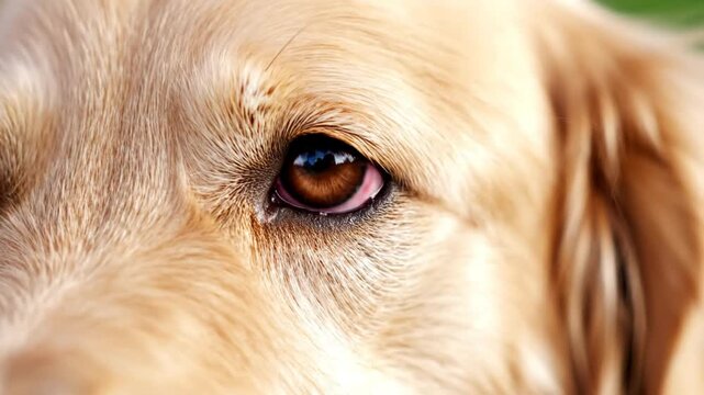Close up view of the eye and face of a beautiful golden retriever dog with brown eyes looking at the viewer