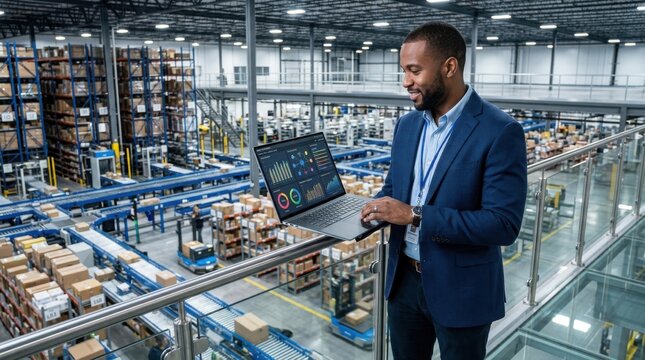 Businessman Analyzing Warehouse Data on Digital Tablet in Logistics Facility