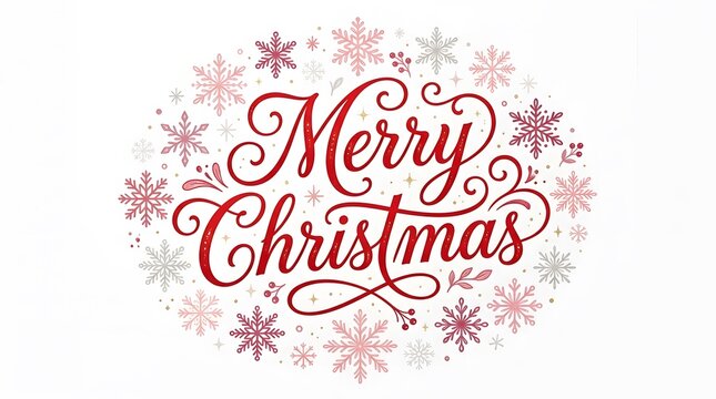 A beautiful and festive 'merry christmas' greeting with delicate snowflake designs and elegant red calligraphy