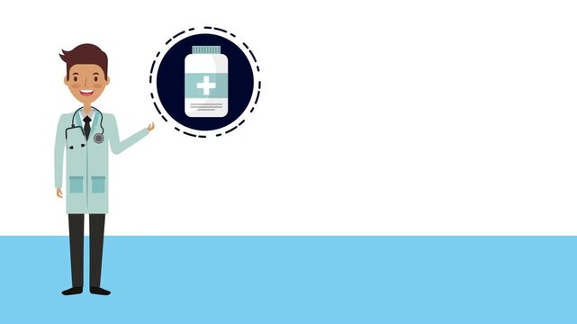 Young doctor pointing to medical icons in animated loop.