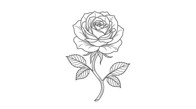 Black and white line art illustration of a single blooming rose
