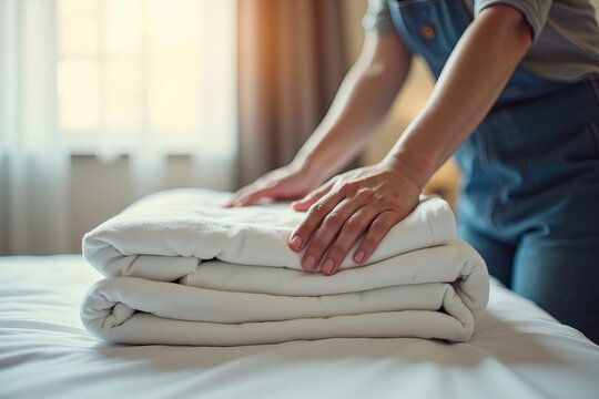 Close-Up of a Housekeeping Worker&rsquo;s Hands Neatly Folding Fresh Linens in Sunlit Serenity, Highlighting the Textures and Crisp Cleanliness of the Fabrics