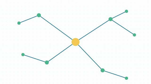 Abstract Network Connection: A minimalist 3D digital motion graphics animation featuring connecting lines and nodes intersecting at a central yellow point against a white background.