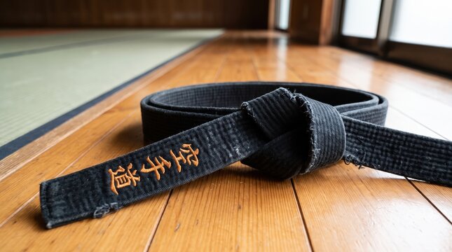 Black karate belt tied in a knot on a wooden dojo floor with tatami mats. Concept of martial arts, judo, taekwondo, obi. Copy space.