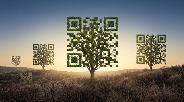 Trees shaped like qr codes standing in a dry field at sunset with sparse landscape during green trees leaves