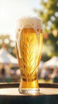 Glass filled with golden lager beer featuring an embossed wheat ear design. Refreshing drink at an outdoor festival. Celebratory beverage for summer event, pub culture and relaxation.