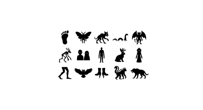 Mythical Creatures and Cryptids Vector Icons Set, Folklore Beasts and Legends Silhouette Collection