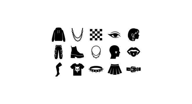 Gothic Fashion Icons Set, Punk Style Apparel & Accessories, Dark Aesthetic Vector Graphics