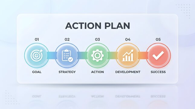 Action plan infographic with five steps and icons