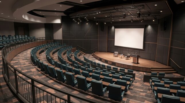 Modern lecture hall auditorium with rows of seats and a stage with a large projection screen for business presentations and events