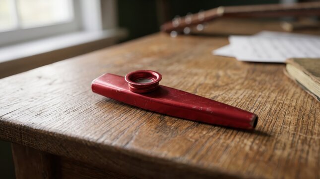 Red metal kazoo wind musical instrument lying on vintage wooden table close up. Concept of music, toy instrument, brass instrument, acoustic, retro. Copy space.