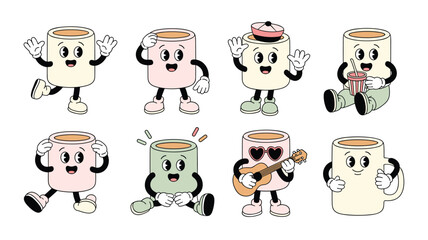 Obraz premium Retro cartoon coffee mug mascot collection bundle featuring various poses expressions guitar pop art characters isolated on white background