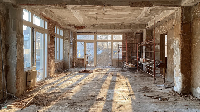 Unfinished construction projects, building ruins, interior view, AI generated