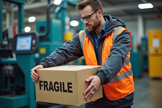 Showcase a Worker Skillfully Handling a 'Fragile' Crate Amongst Industrial Machinery, Emphasizing Safety and Precision in Logistics