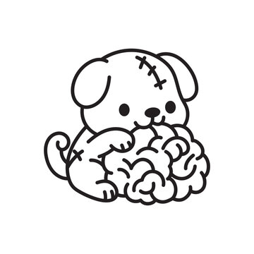 Funny Halloween coloring page with a cute zombie dog nibbling on a pile of brains. Simple spooky line art combines an adorable pet, creepy food.