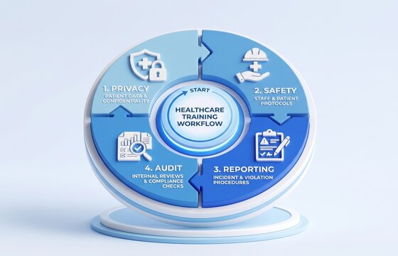 Healthcare compliance training cycle with policy awareness, audit readiness, risk management, and staff training workflow.