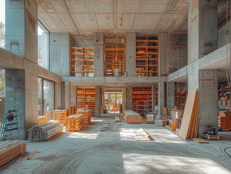Unfinished construction projects, building ruins, interior view, AI generated