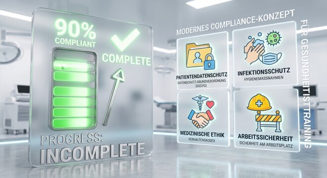 Training completion dashboard for healthcare compliance training, LMS progress, compliance metrics, and certification.