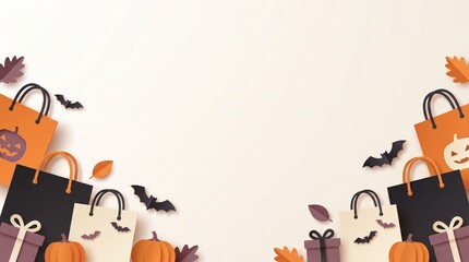 Fototapeta premium Minimal Halloween Shopping Banner with Paper Bags Pumpkins Bats Gifts and Copy Space