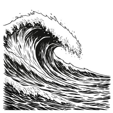 Detailed black and white engraving of a massive ocean wave