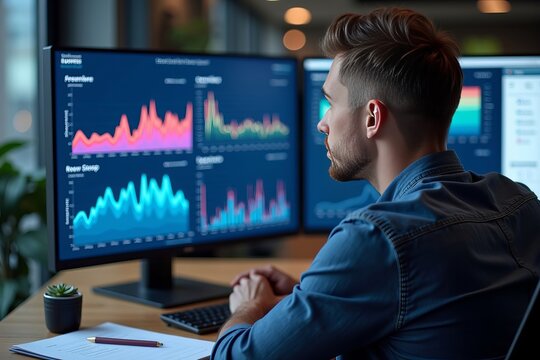 Individual Focused in a Contemporary Office, Analyzing Colorful Graphs and Charts on a Large Digital Display, Highlighting Sleep Patterns and Health Metrics Amidst a Collection of Notes