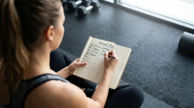 Woman writing workout plan in notebook for fitness training