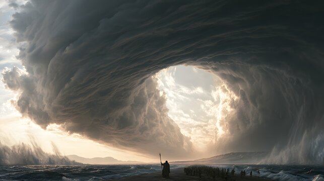 Moses leading a crowd through a path in the sea under a dramatic swirling storm cloud formation