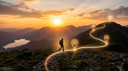 Naklejka premium Hiker follows glowing path with location pins towards mountain summit at sunset