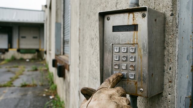 Worker Hand Pressing Code On Security Keypad At Industrial Entrance. Concept of access control, security system, pin code, entering code, gloved hand, outdoor keypad, security gate. Copy space.