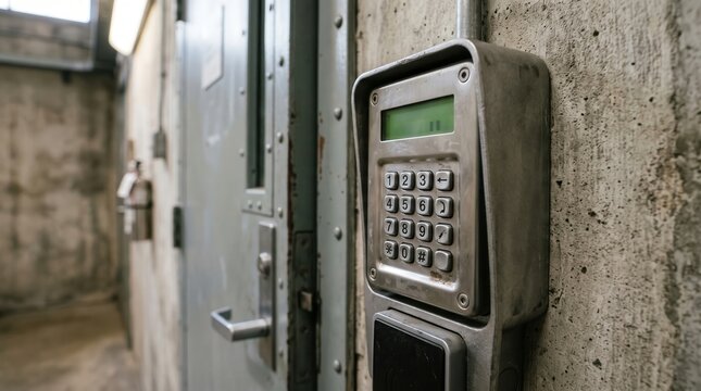 Security Access Control Keypad Mounted on Concrete Wall Near Heavy Metal Door Entrance. Concept of security system, pin code, passcode, door lock, electronic lock, secure entrance, safe zone.