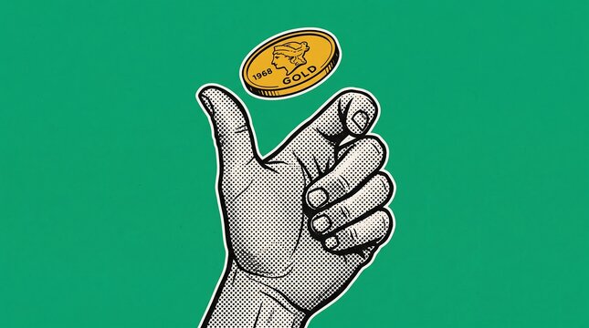 Hand flipping a gold coin illustration on green background for financial decision concept