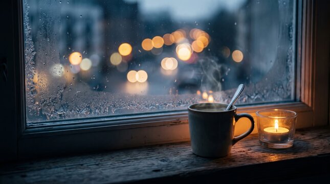 Coffee mug steaming on wooden windowsill beside glowing candle with blurred rainy city street bokeh lights in cold winter evening