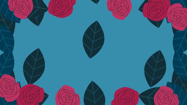 Animated floral frame with leaves and roses moving gently on blue background, subtle sparkle effect.