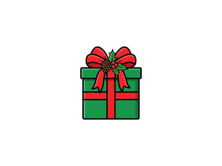 Fototapeta premium Green Christmas Present With Bright Red Ribbon And Decorative Bow, Topped With Pinecone And Holly For A Cheerful Holiday Wrapping Design Vector Illustration 