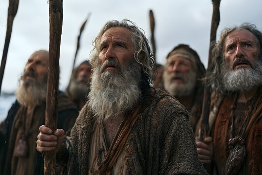 Group of elderly men with long beards and wooden staffs looking up in wonder, cinematic historical scene