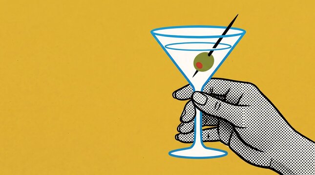Hand holding a martini glass with olive on a yellow background pop art style illustration