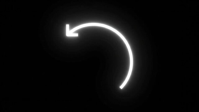 Glowing white neon arrow animation, curved circular motion graphic on black background, minimalist digital interface element for video editing