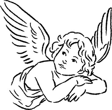 Whimsy resting cherub angel with spread wings. Vintage black line illustration in a sweet romantic pose for Valentine cards, wedding designs and decorative art with textured crayon outline.