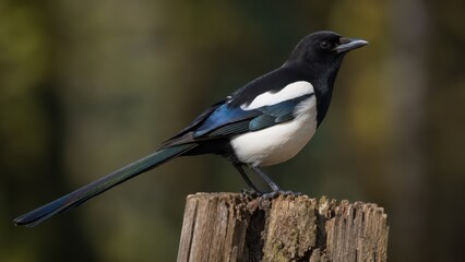 Fototapeta premium Eurasian magpie pica pica perched on wooden stump in forest nature environment with blurred background. Concept of bird, wildlife, animal, sitting, feathers. Copy space.
