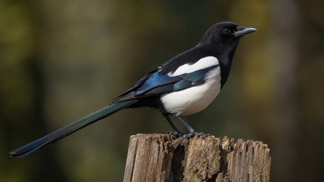 Eurasian magpie pica pica perched on wooden stump in forest nature environment with blurred background. Concept of bird, wildlife, animal, sitting, feathers. Copy space.