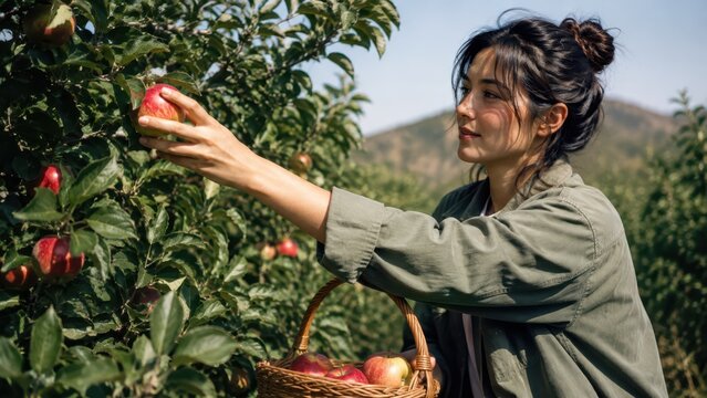 Young woman picking ripe red apples from tree branch in fruit orchard during autumn harvest season. Concept of farmer woman, fresh fruit, agriculture.