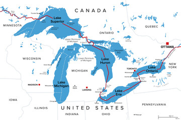 Naklejka premium Great Lakes, group of lakes in North America, political map. Lake Superior, Michigan, Huron, Erie, and Ontario. Interconnected freshwater lakes, spanning the border of Canada and United States. Vector