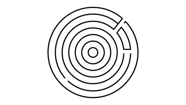Circular Maze Graphic: A minimalist black and white graphic depicting a complex circular maze with concentric rings and pathways, suggesting challenge and direction.
