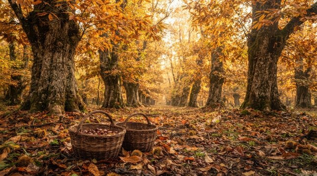 Woven wicker basket filled with fresh picked mushrooms sitting on the forest floor surrounded by colorful fallen autumn leaves