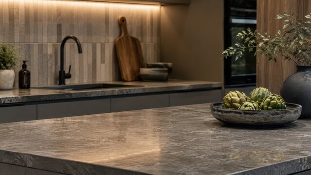 Modern kitchen island interior with marble counter top faucet backsplash LED lighting and copy space. Concept of marble countertop, dark kitchen, kitchen background, luxury kitchen. Copy space.