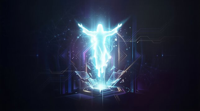 Glowing digital Jesus man ascending from virtual box with light beam. Easter miracle concept in futuristic cyberpunk style. Cyber space religious art for modern spiritual technology theme.