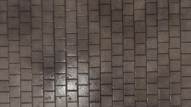 Wet cobblestone street at night with reflections and urban glow across bricks.