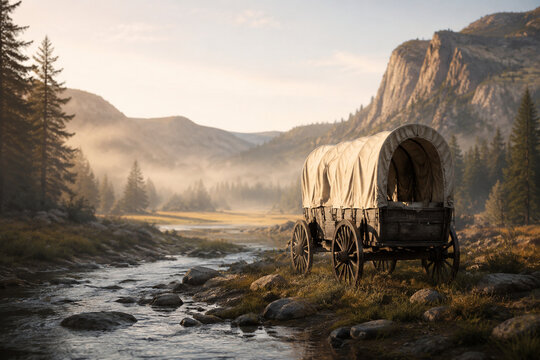 Covered wagon in a river valley at dawn, soft mist and warm light over the plains.