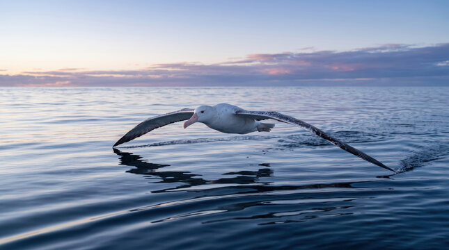 Majestic wandering albatross seabird gliding low over calm ocean water during morning dawn light. Concept of wildlife, flying, sea. Copy space.