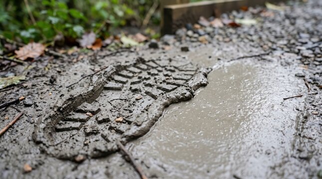 Deep shoe imprint in wet mud and clay on outdoor path criminal evidence. Concept of footprint, boot print, shoe print. Copy space.